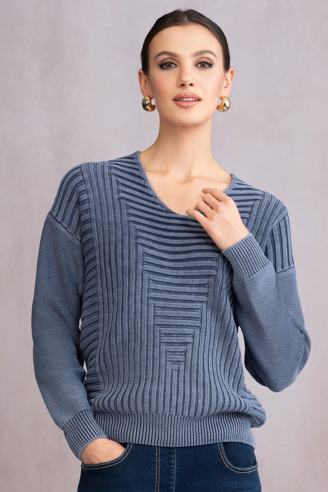 Alison Sheri A46277 Blue Cotton Acid Wash V-Neck Ribbed Jumper - Shirley Allum Boutique