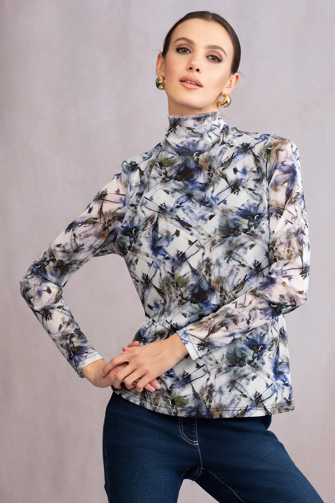 Alison Sheri A46287 Grey Print Mesh Turtleneck Top - Shirley Allum Boutique