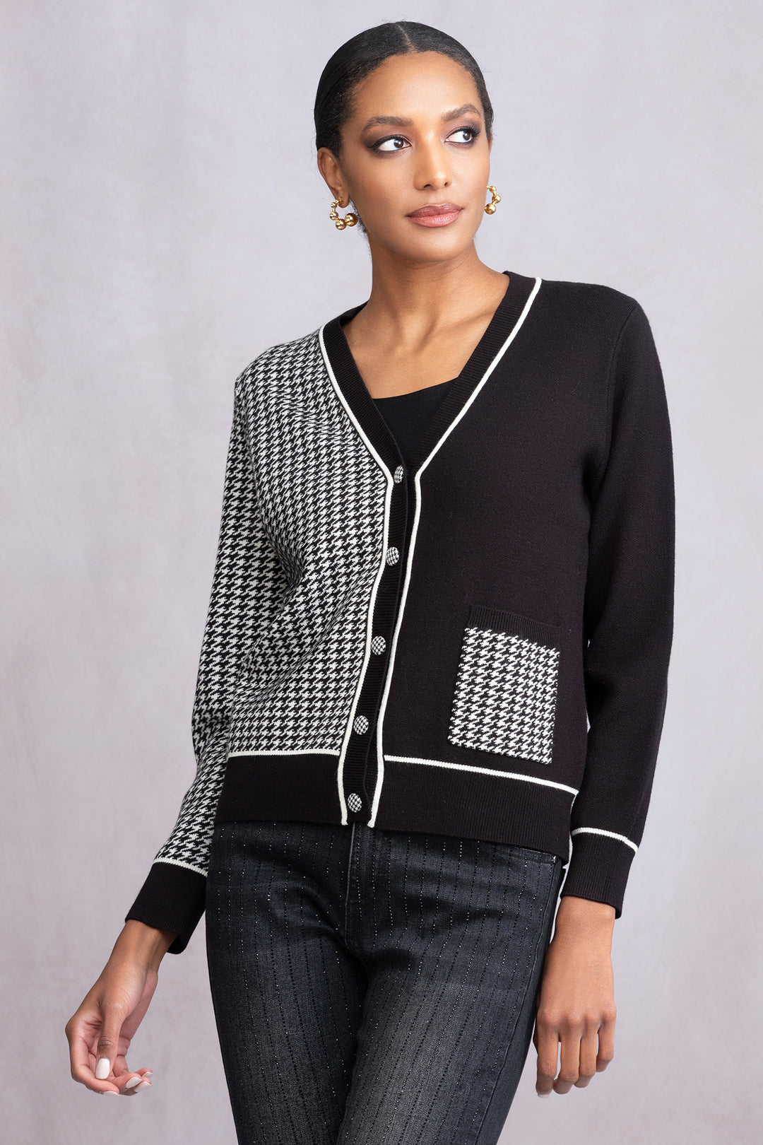 Alison Sheri A46356 Black Grey Houndstooth Cardigan - Shirley Allum Boutique
