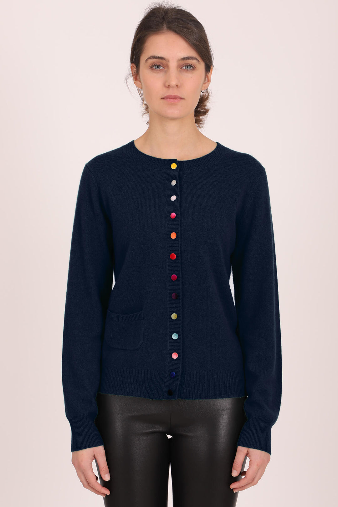 Estheme Cashemire WES2114H Navy Multicolour Button Cashmere Cardigan - Shirley Allum Boutique