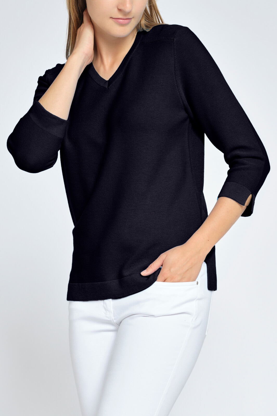 Gollehaug 02324-11008 667 Navy V-Neck Three-Quarter Sleeve Jumper - Shirley Allum Boutique