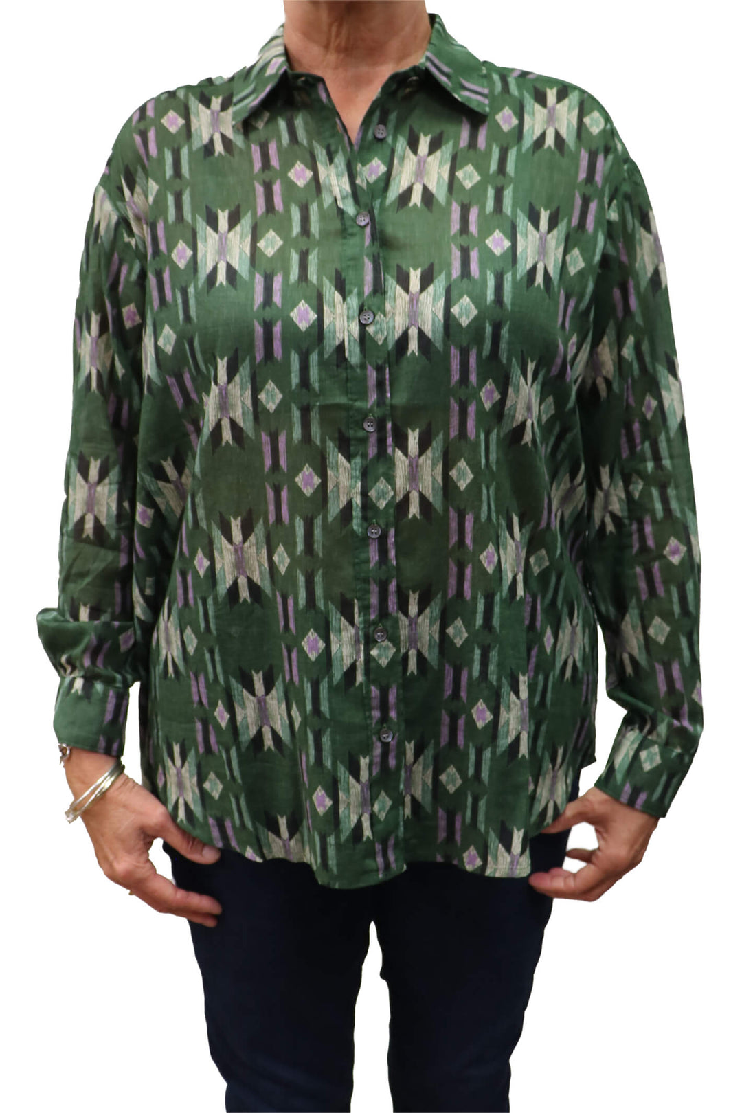 Hartford BACD623 03 Green Cinema Woven Shirt - Shirley Allum Boutique