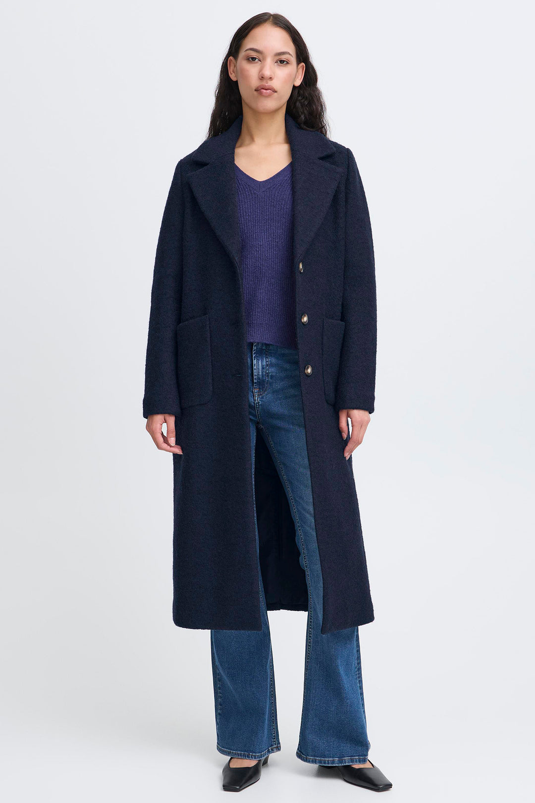 Ichi IHStipa Dark Navy Wool Mix Overcoat 20123085 194013 - Shirley Allum Boutique