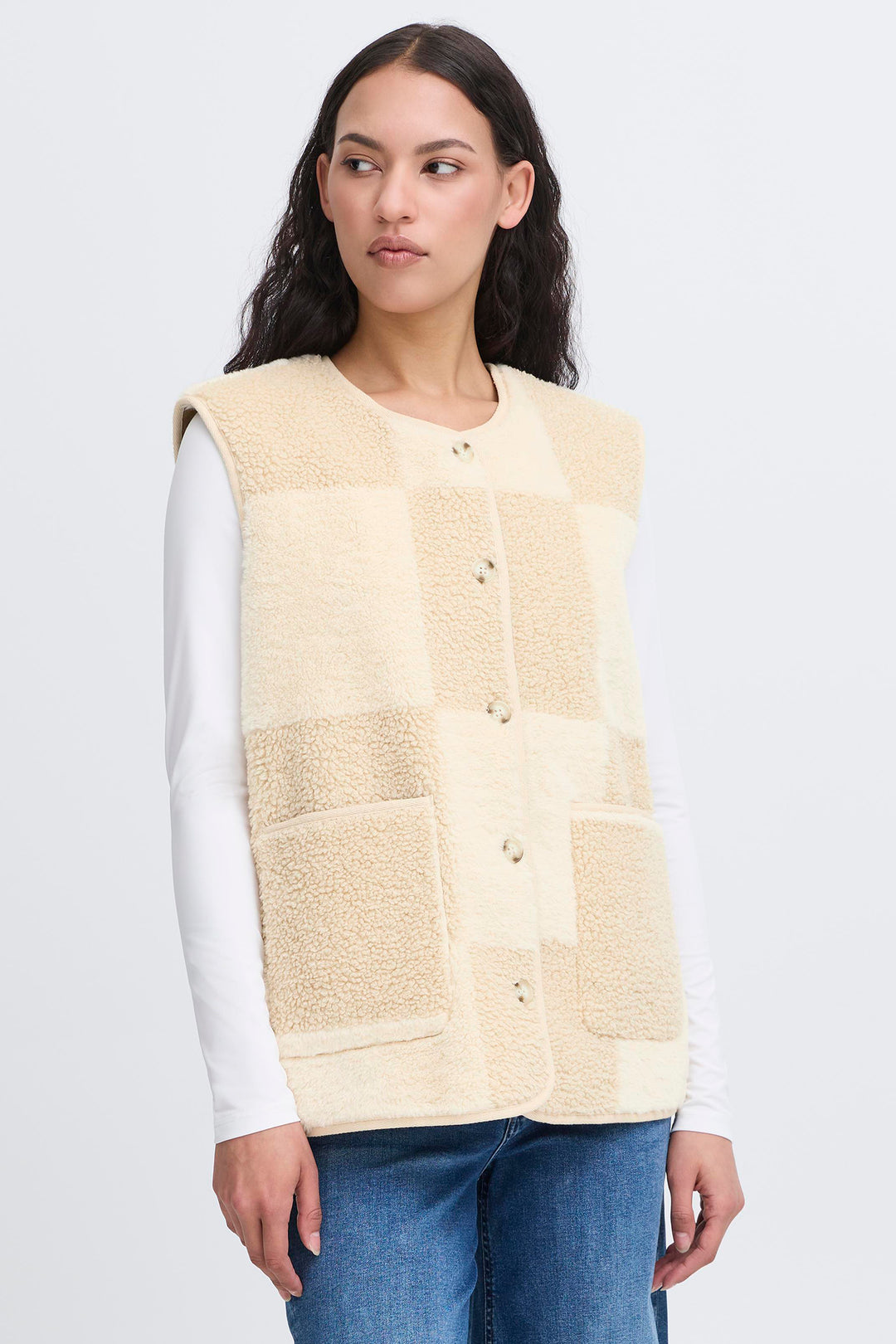 Ichi IHTonza Fog Cream Fleece Gilet Waistcoat 20123198 130607 - Shirley Allum Boutique
