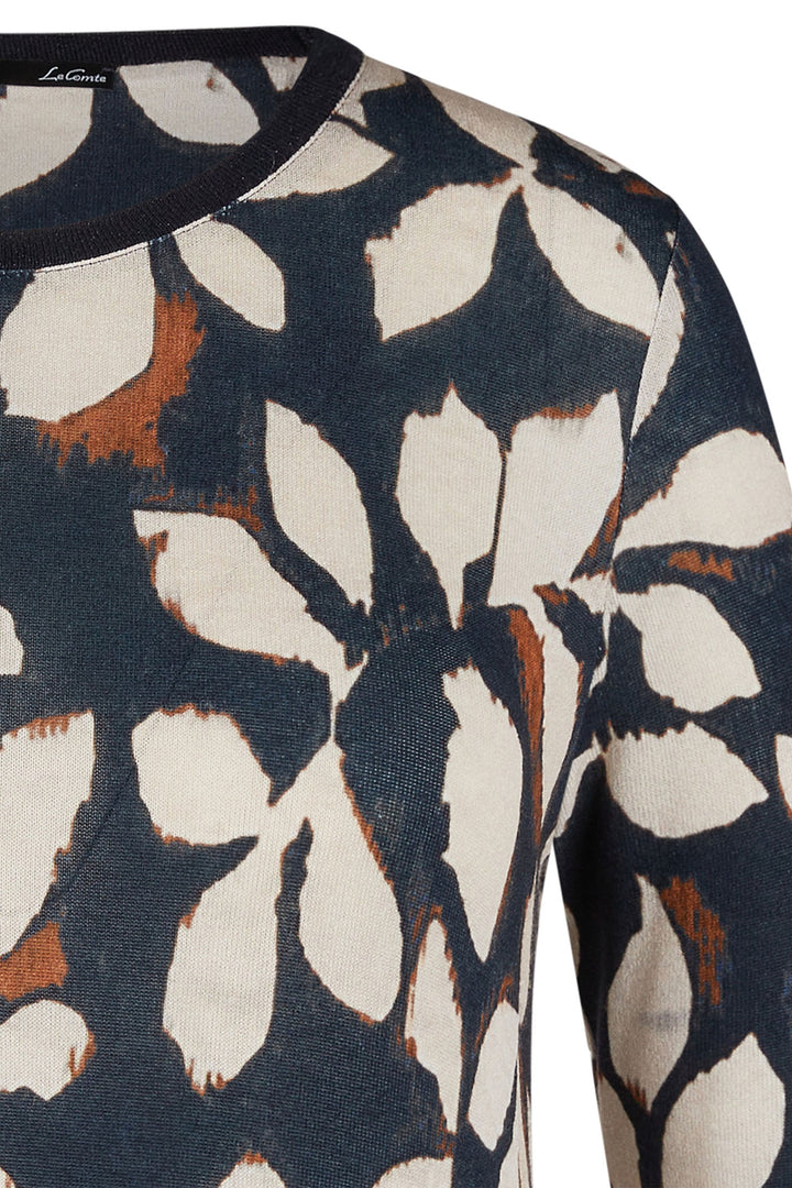 Le Comte Jumper Dark Navy Blue Leaf Pattern Fine Knit 53-621330 3394 - Shirley Allum Boutique
