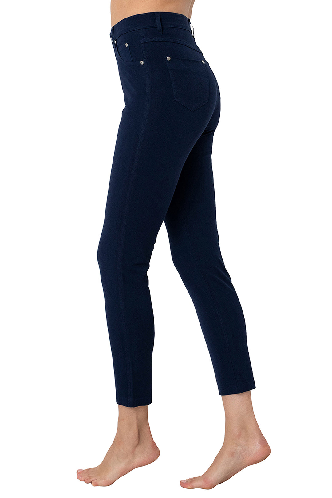Navy blue leggings worn by a person on a white background