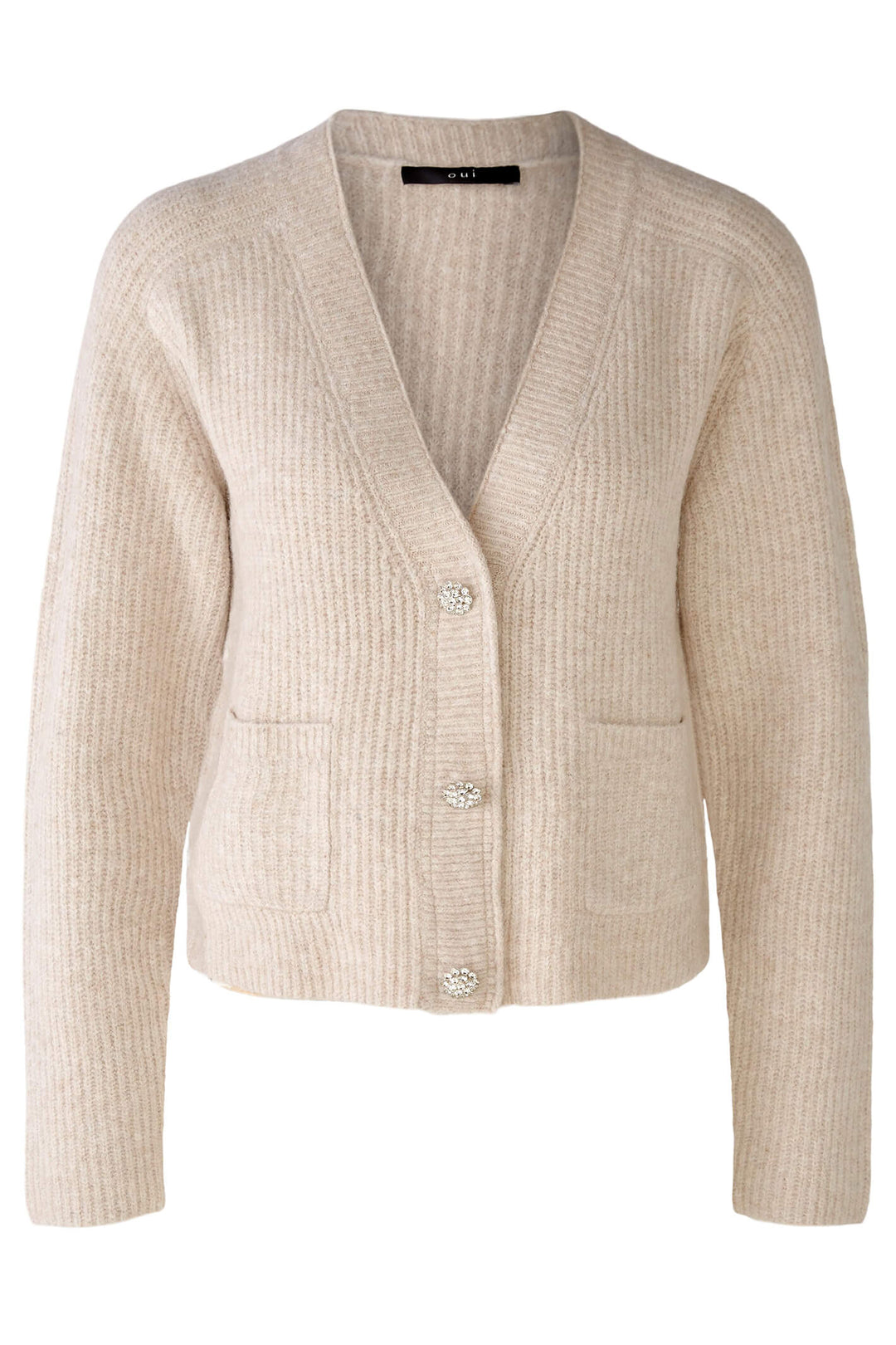 Oui 79489 7065 Light Beige Melange Diamante Button Cardigan - Shirley Allum Boutique