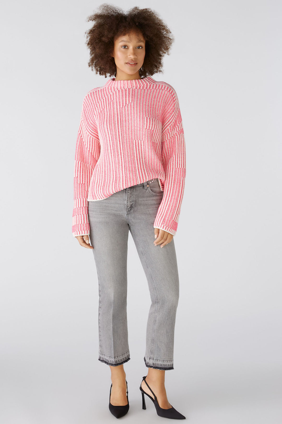 Oui Jumper Pink White Ribbed 89582 0331 - Shirley Allum Boutique