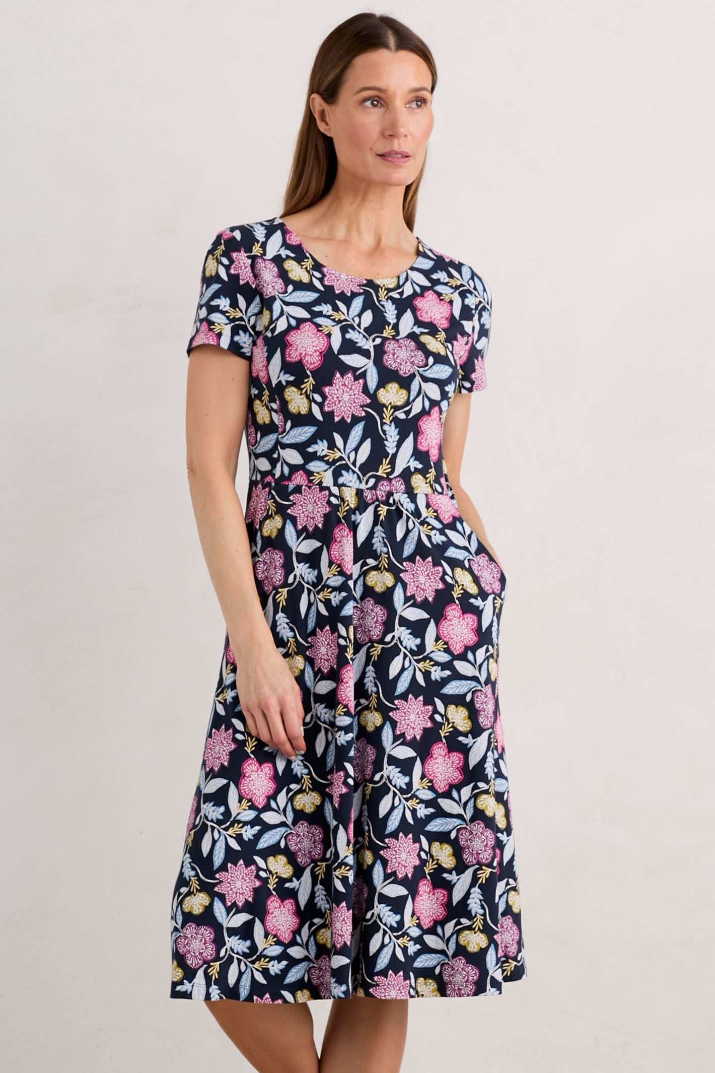 Seasalt April Navy Stone Flower Maritime Print Dress Shirley Allum