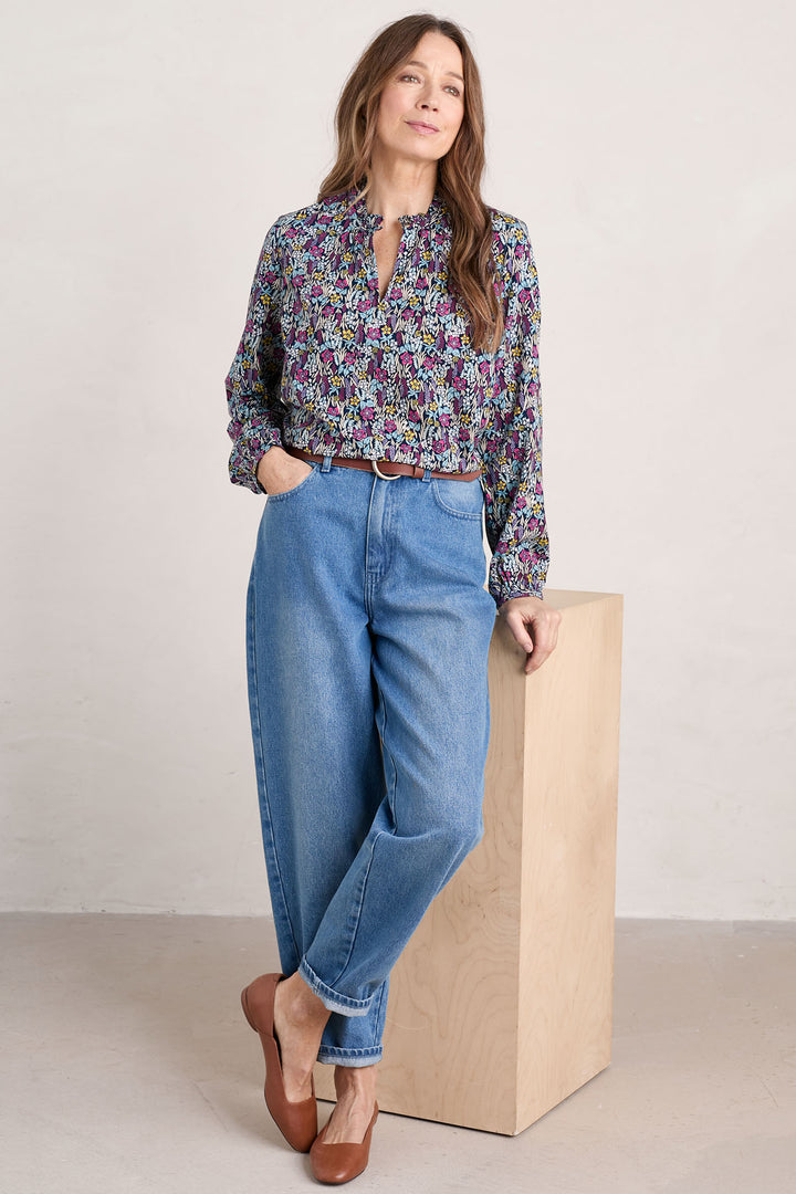 Seasalt Sea Flow Navy Floral Moor Maritime Split Neck Long Sleeve Top - Shirley Allum Boutique