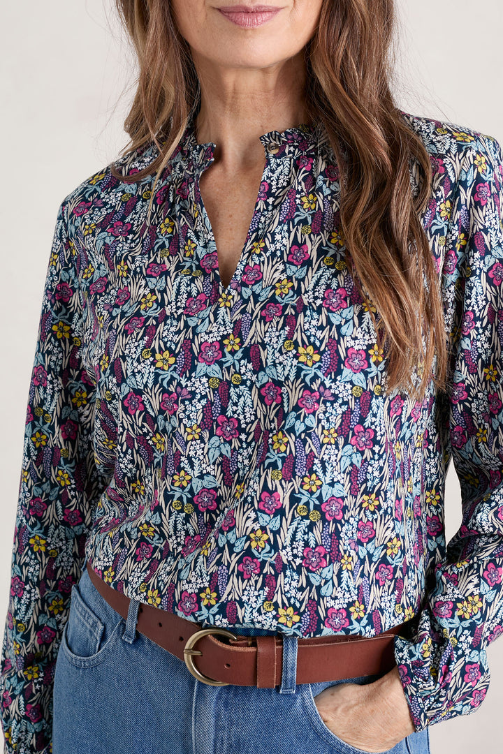 Seasalt Sea Flow Navy Floral Moor Maritime Split Neck Long Sleeve Top - Shirley Allum Boutique