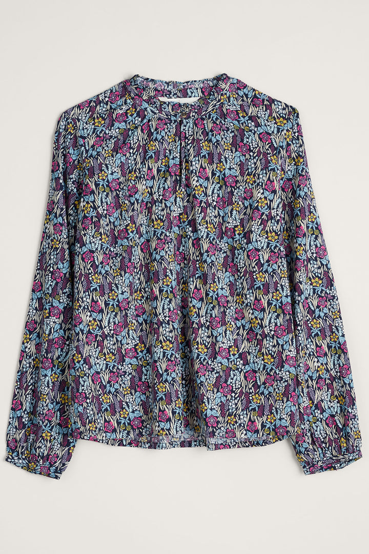 Seasalt Sea Flow Navy Floral Moor Maritime Split Neck Long Sleeve Top - Shirley Allum Boutique