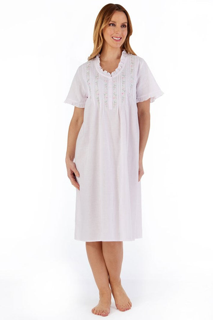 Slenderella ND55251 Pink Embroidered Short Sleeve Nightdress - Shirley Allum Boutique
