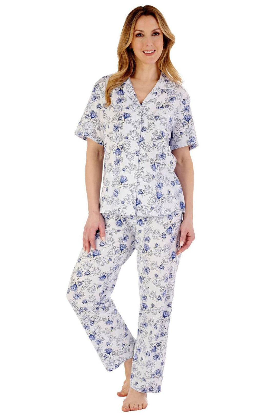 Slenderella PJ88133 Modern Blue Floral Tailored Jersey Pyjama Set - Shirley Allum Boutique