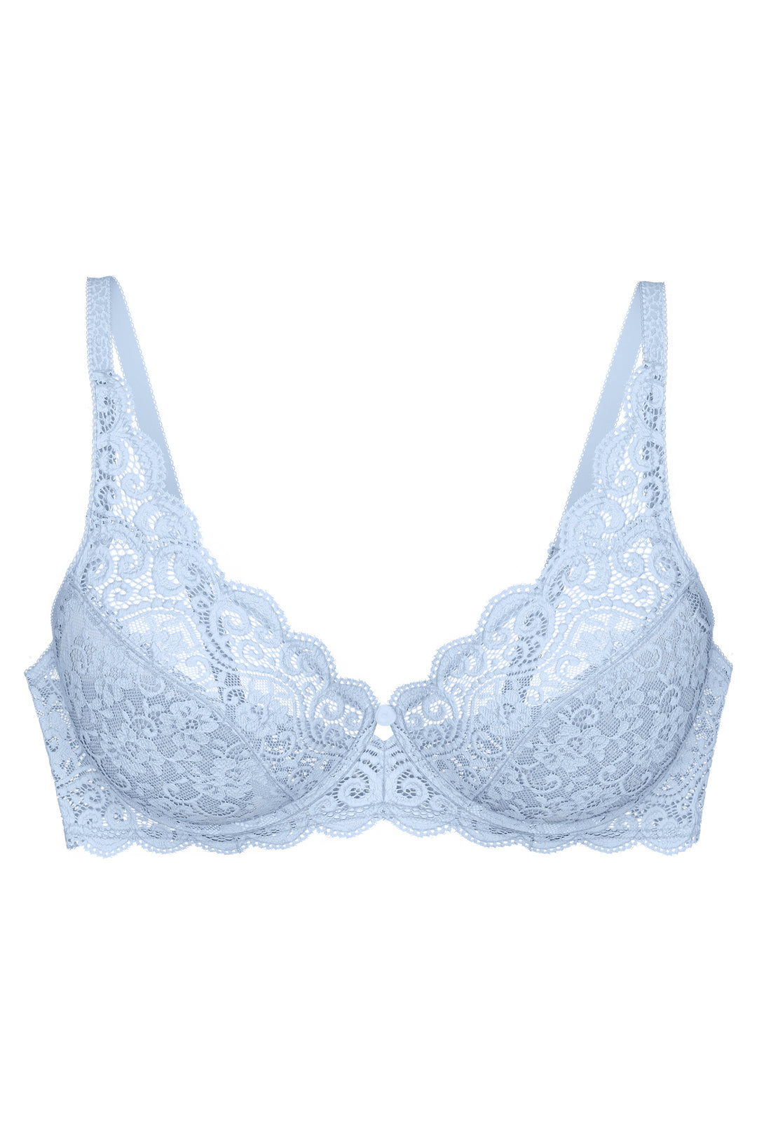 Light blue lace bra on a white background