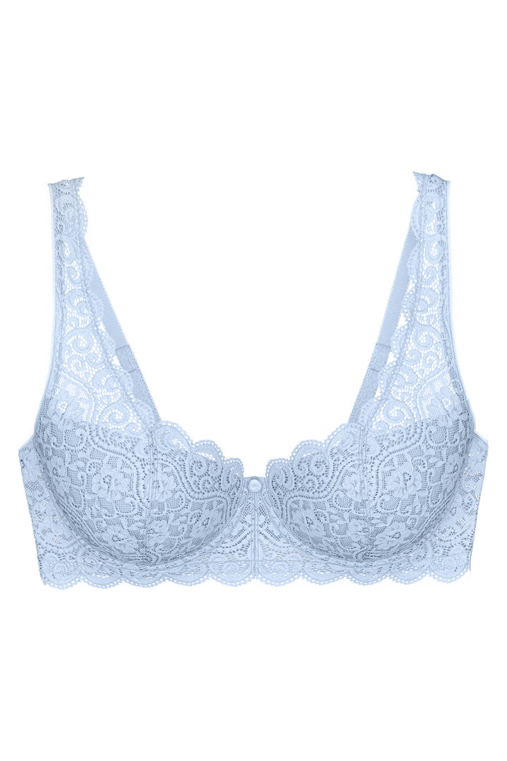 Light blue lace bra on a white background