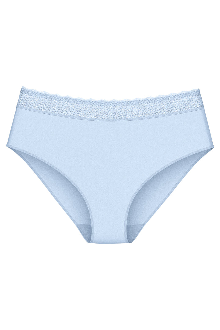 Light blue women's underwear with lace trim on a white background