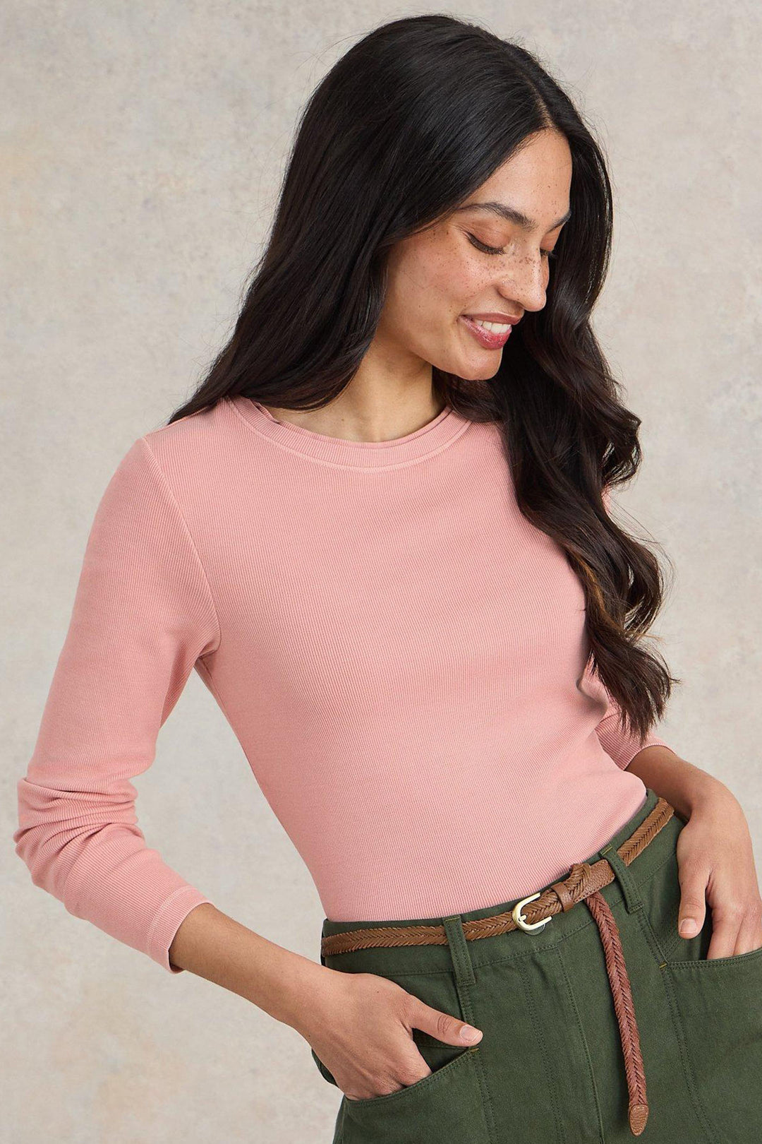 White Stuff Sadie Long Sleeve Rib Tee Dusky Pink 441856 - Shirley Allum Boutique