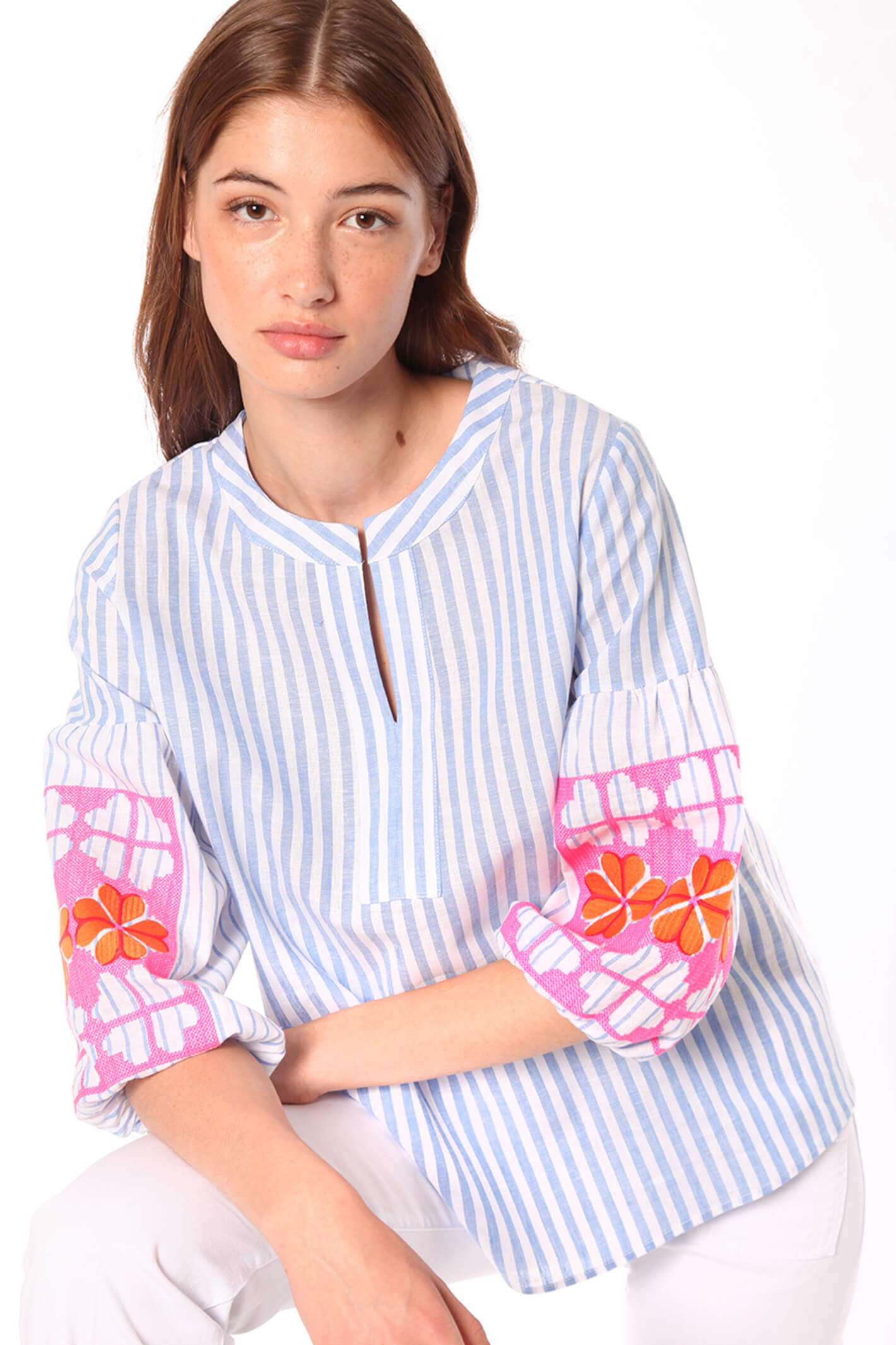 Vilagallo 30357 Kayaems Blue Stripe Split Neck Top Shirley Allum vilagallo-30357-kayaems-blue-stripe-split-neck-top-shirley-allum