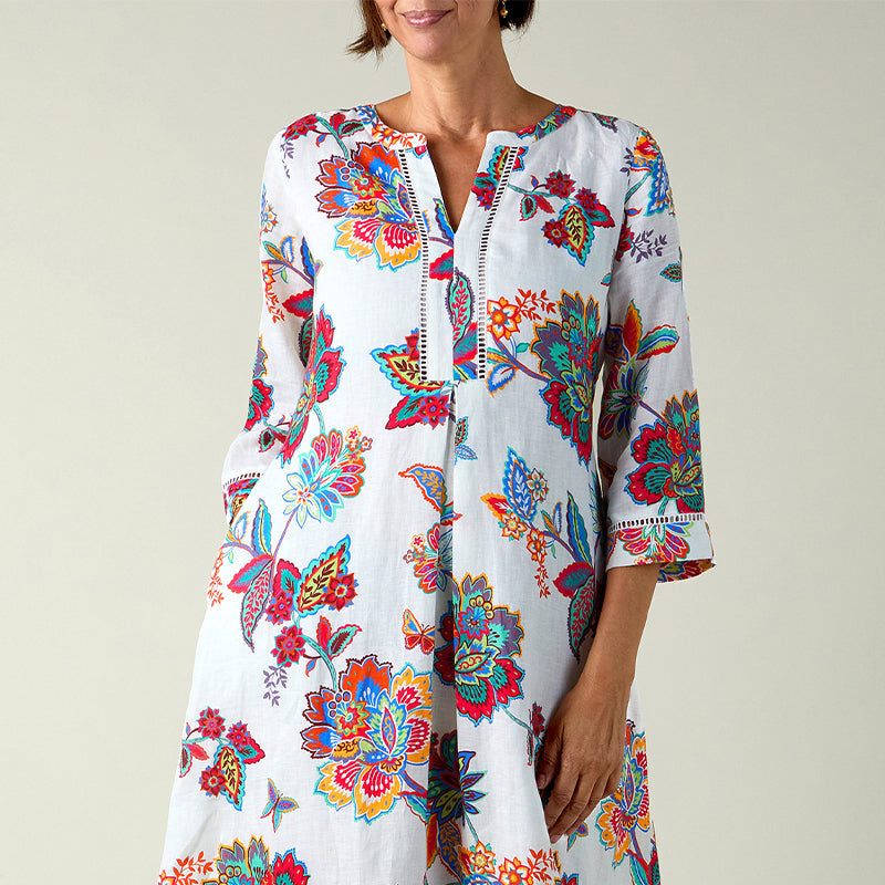 Sahara White Botanical Floral Linen Long Sleeved Dress at Shirley Allum Boutique