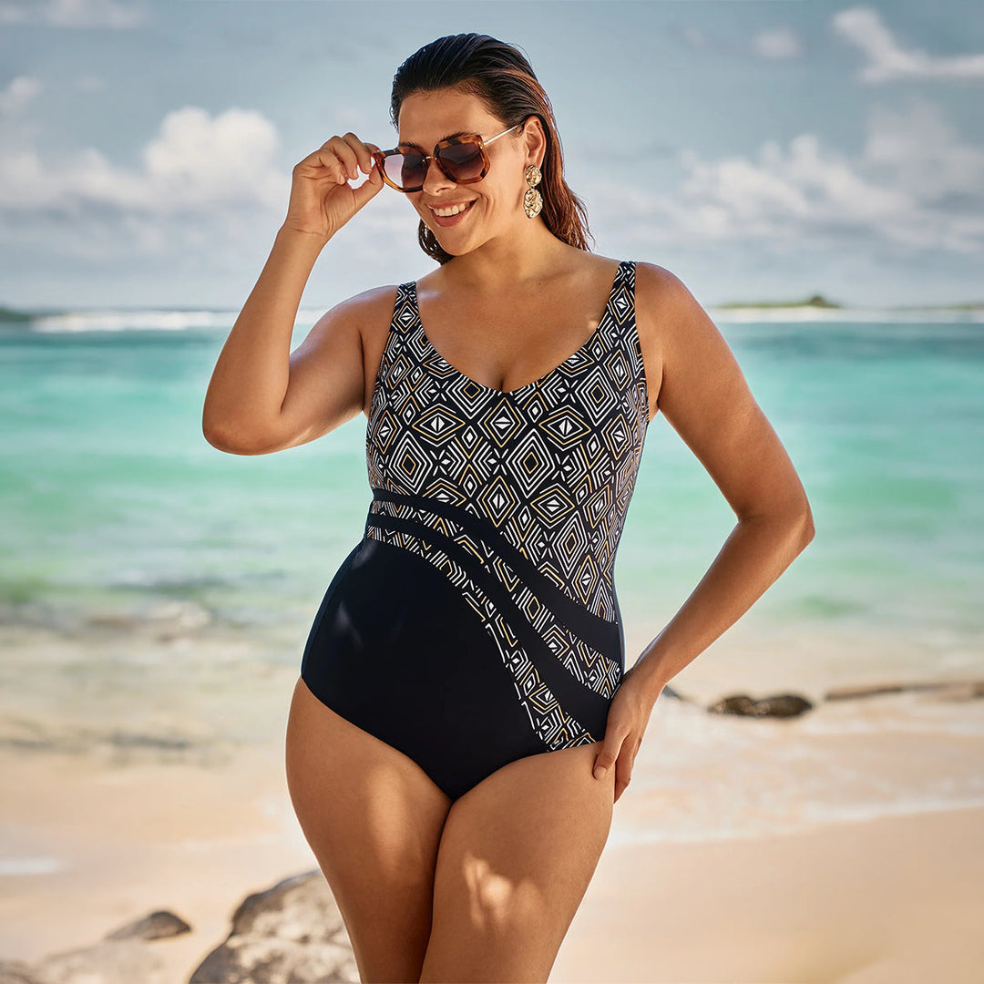 Anita black and gold geometric print swimsuit at Shirley Allum