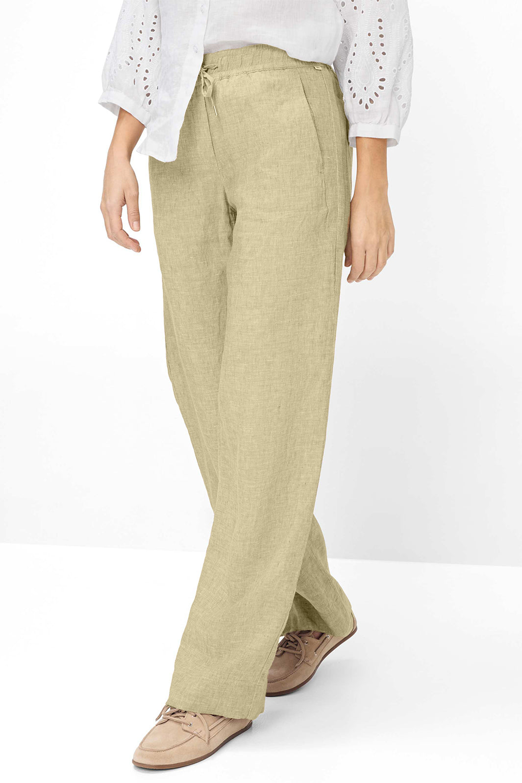 Brax Farina Khaki Linen Drawstring Waist Trousers at Shirley Allum