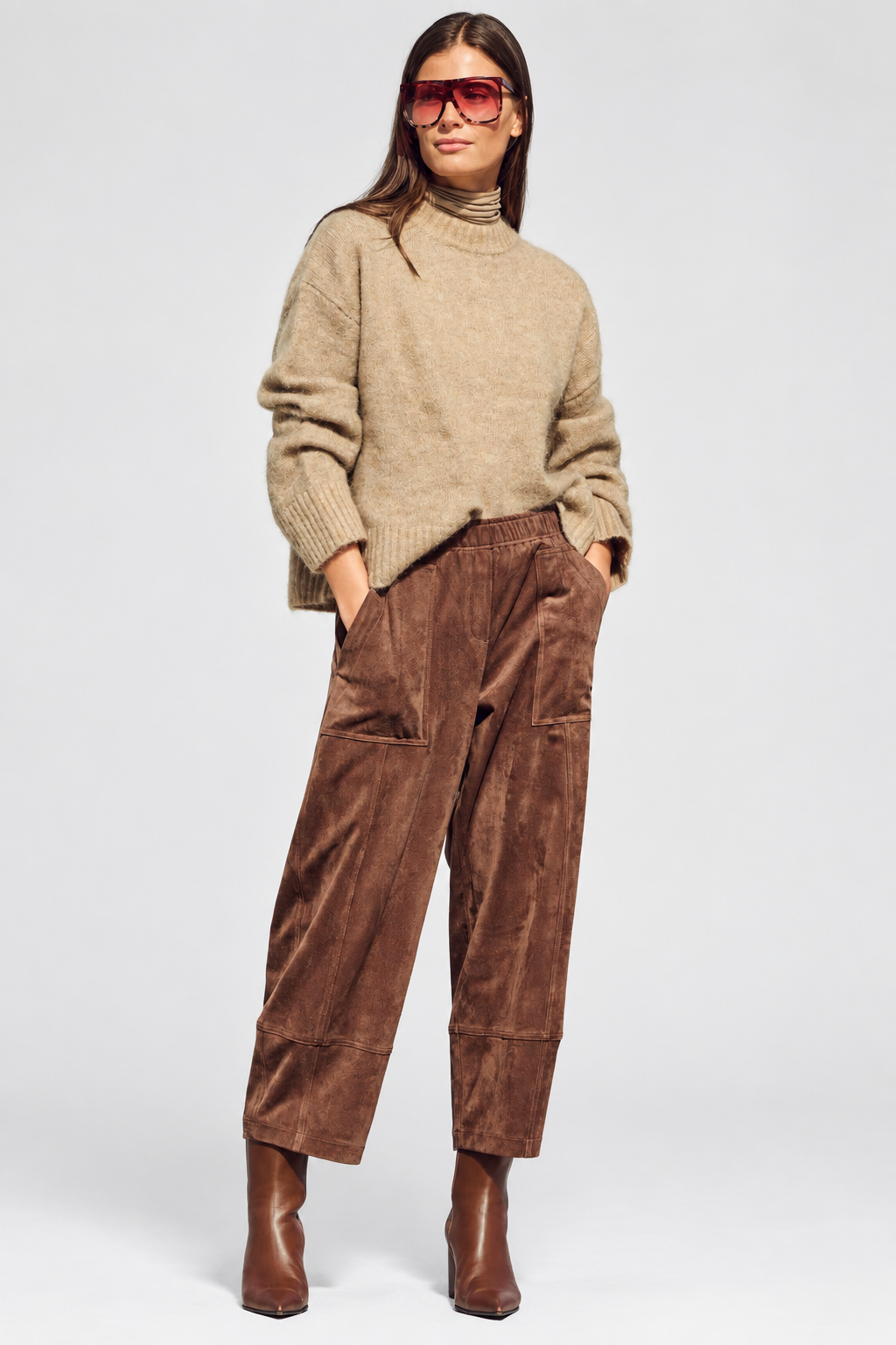 Mac Tilda Worker Bison Brown Velour Trousers 3482-00-0455 277, front view, full length on a plain studio background