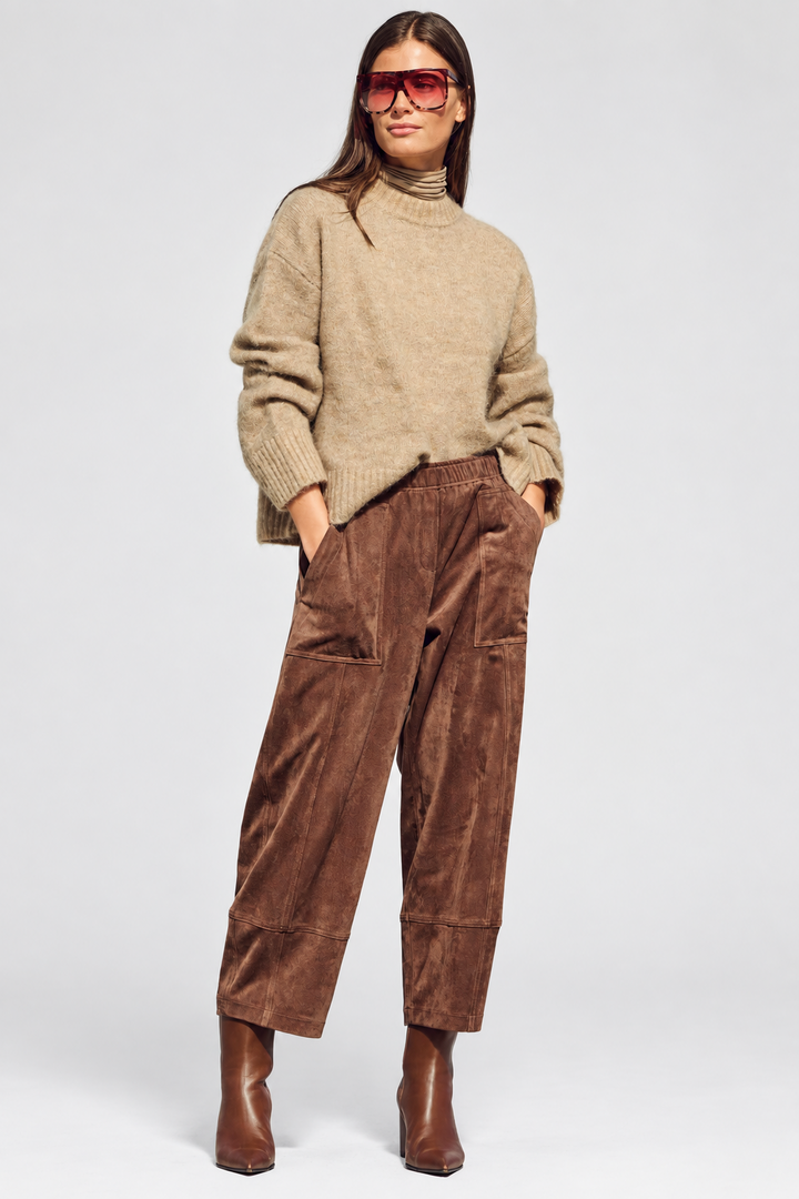 Mac Tilda Worker Bison Brown Velour Trousers 3482-00-0455 277, front view, full length on a plain studio background