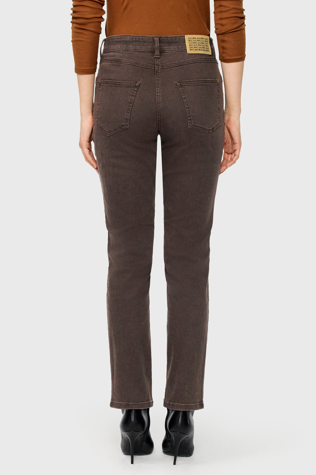 Mac Melanie Brown Stone Wash Authentic Stretch Denim Jeans 30L 5040-90-0387L D701, back view, worn
