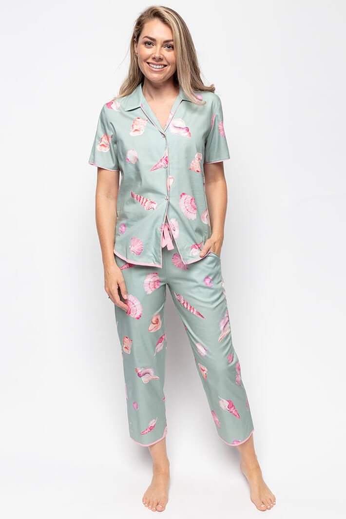 Cyberjammies 9675 Coral Mint Green Shell Crop Pyjama Bottoms - Shirley Allum Boutique