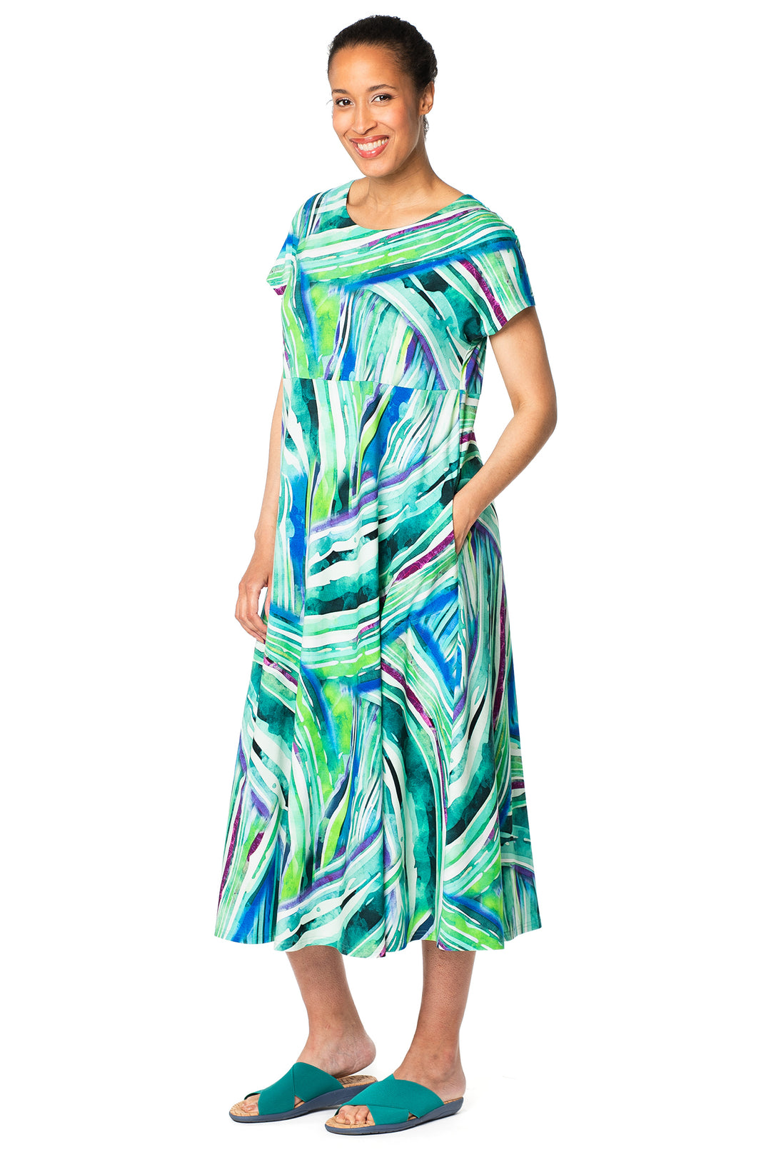 Aino Amanda Long Aqua Multi Palmeras Print Dress