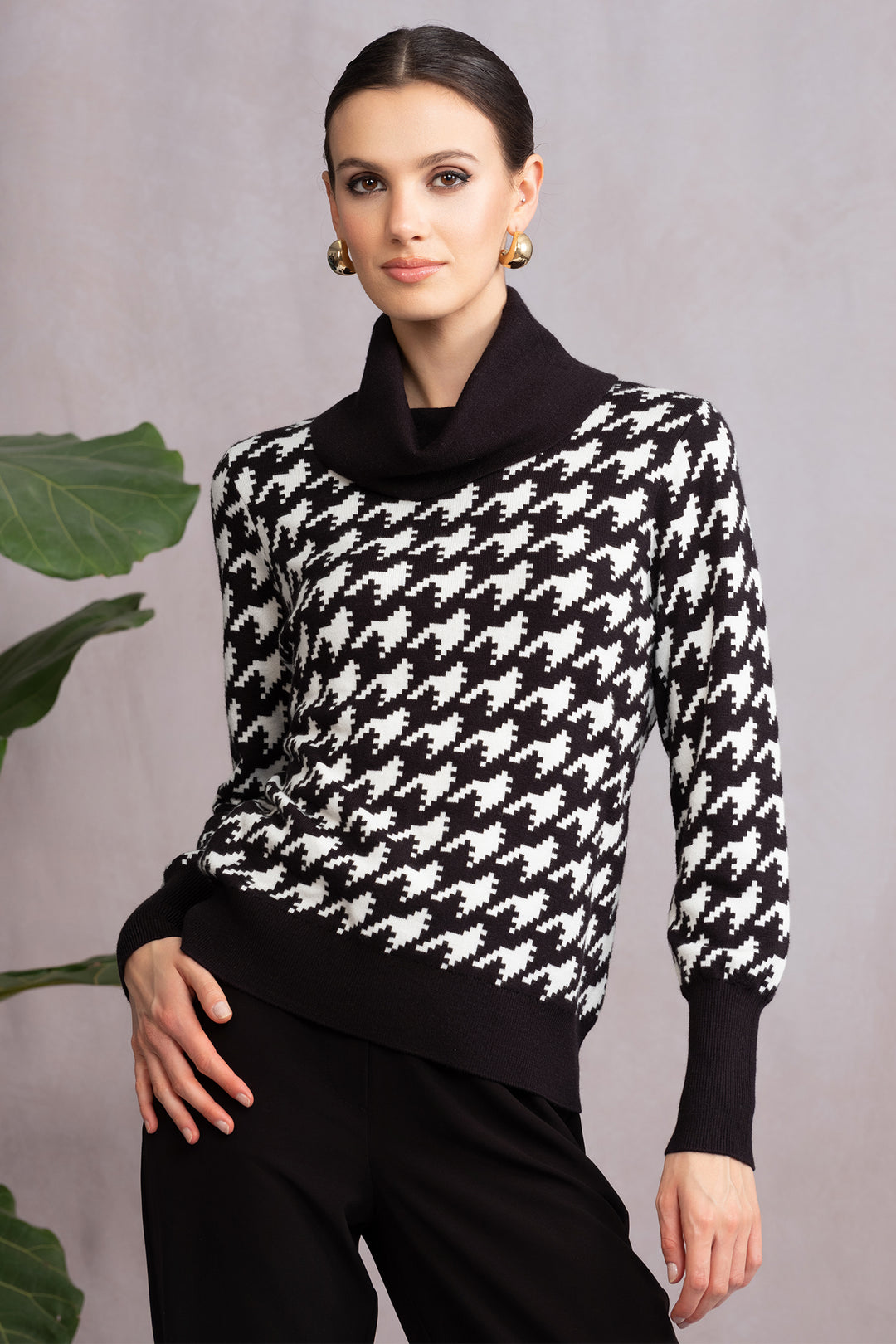 Alison Sheri A46387 Black Houndstooth Cowl Neck Jumper - Shirley Allum Boutique