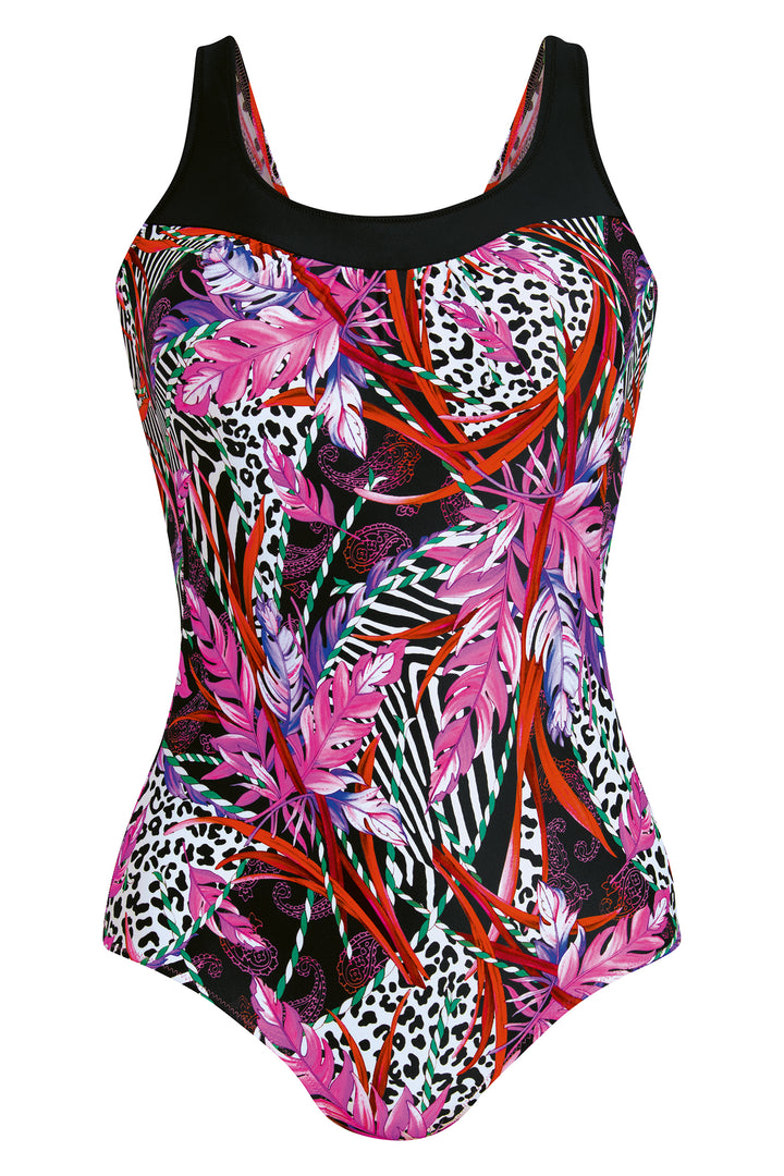 Multicolored animal print swimsuit on a white background