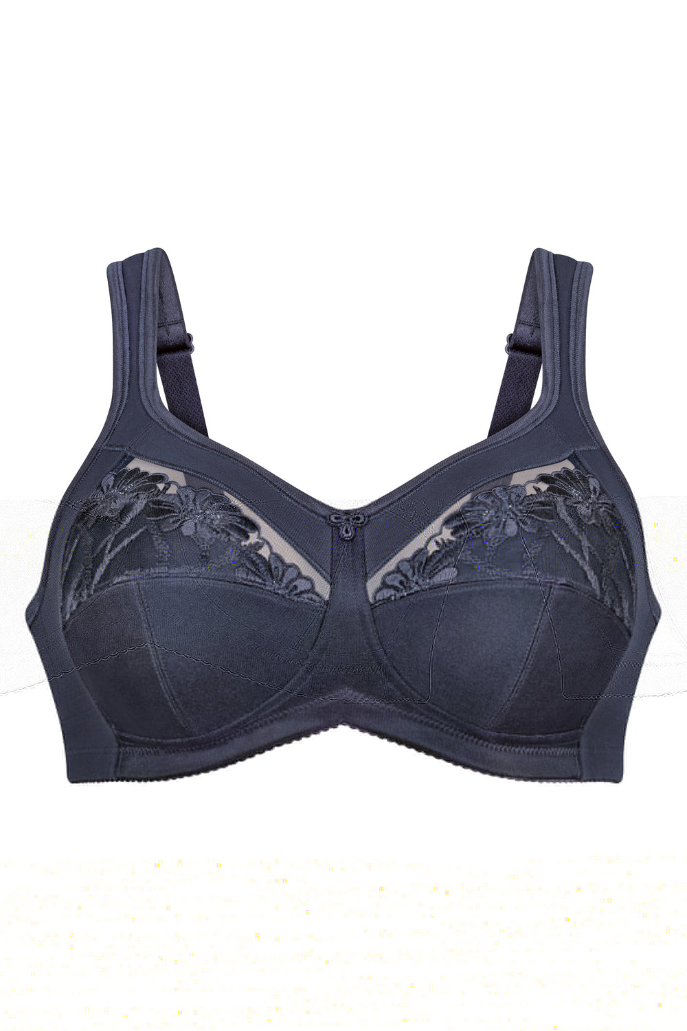 Navy blue bra with lace detailing on a white background