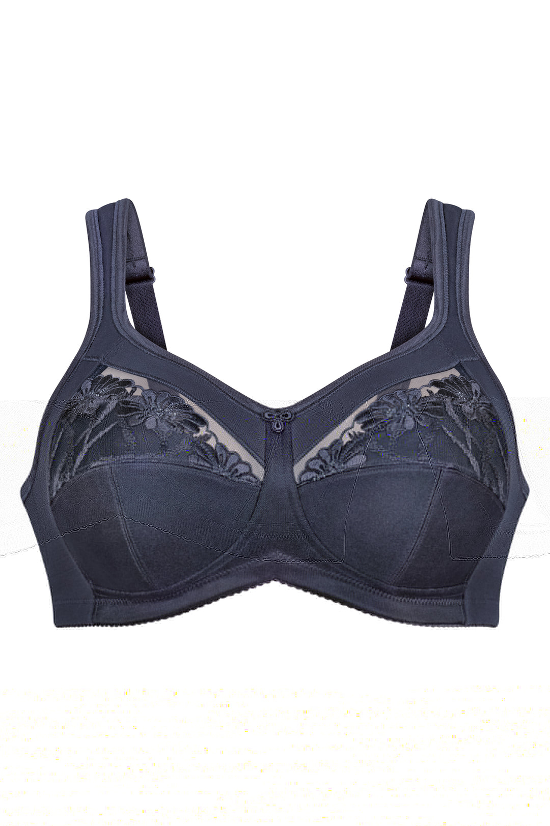 Navy blue bra with lace detailing on a white background