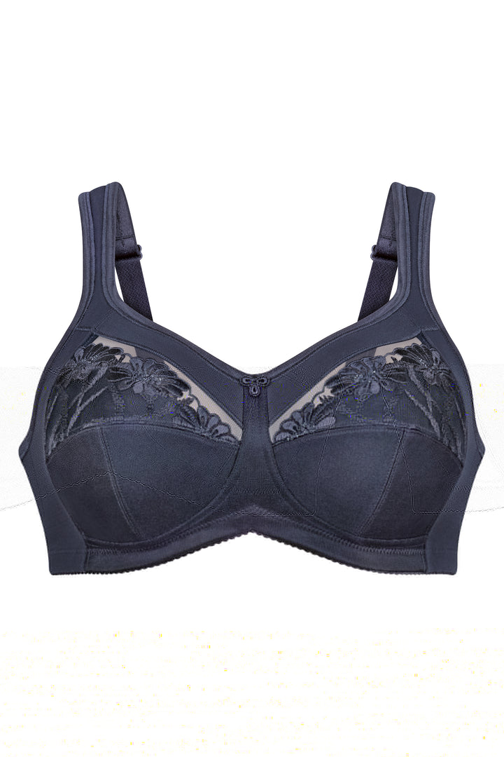 Navy blue bra with lace detailing on a white background