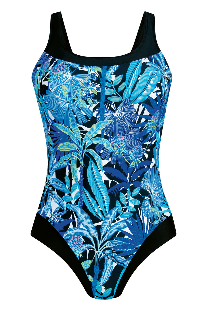 Blue tropical leaf patterned swimsuit with black trim on a white background