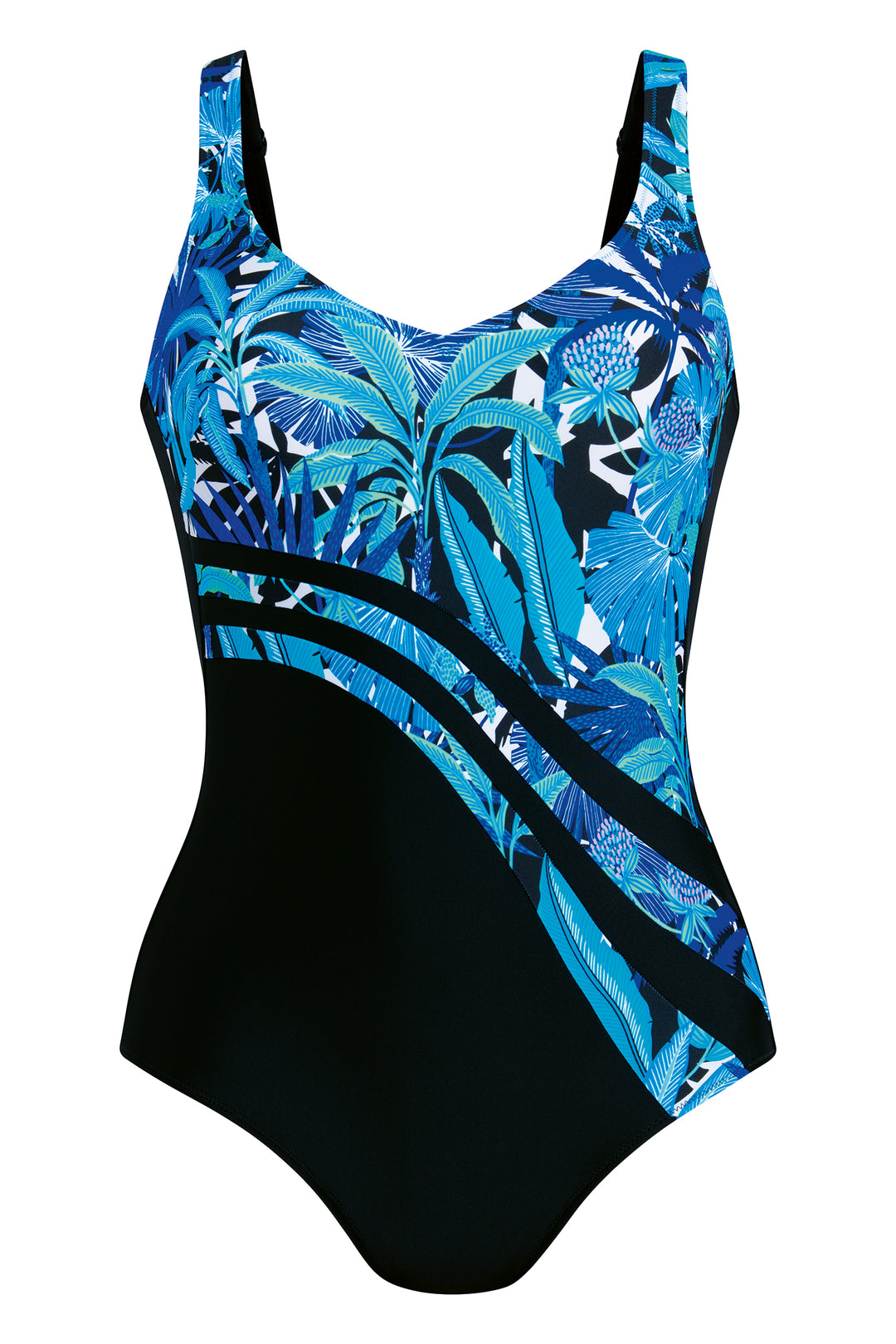 Blue and black patterned swimsuit on a white background
