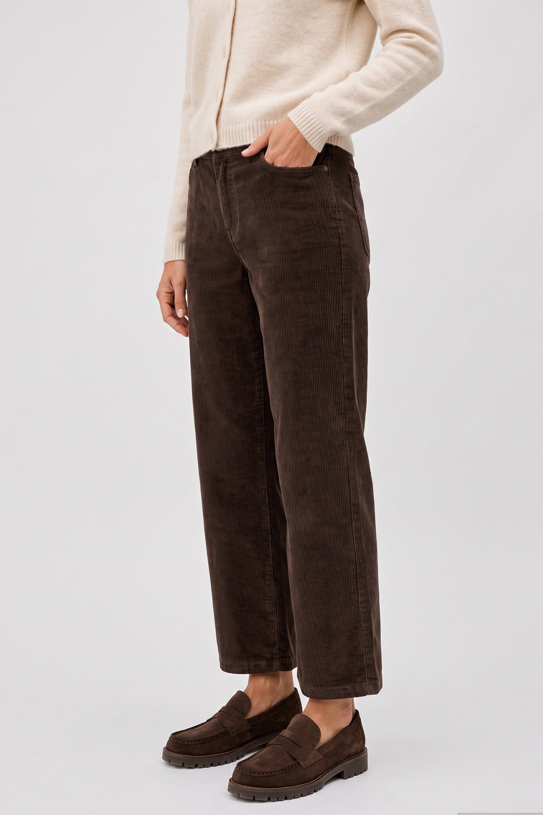 Anna Montana Mila Dark Chocolate Wide Flexi Genua Trousers 1070, worn, leg close-up