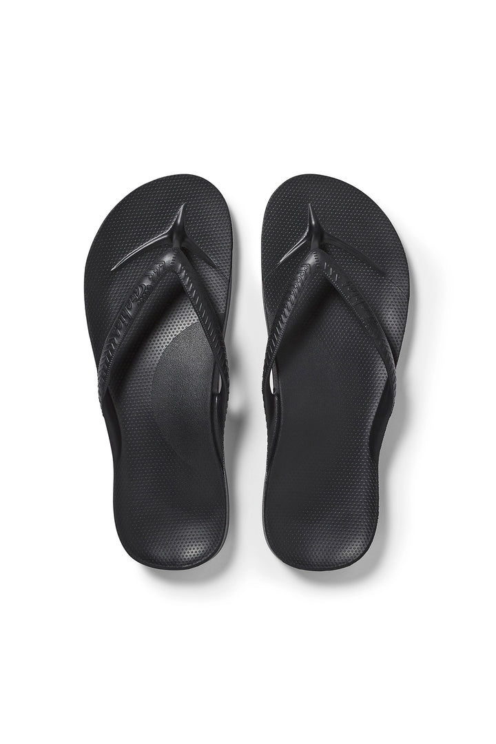 Archies Arch Support Flip Flops Black, top view of the pair