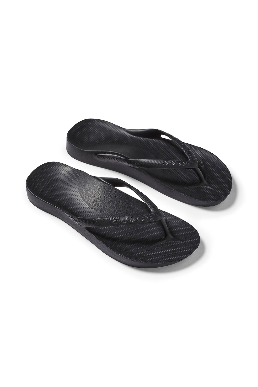 Archies Arch Support Flip Flops Black, pair at an angle