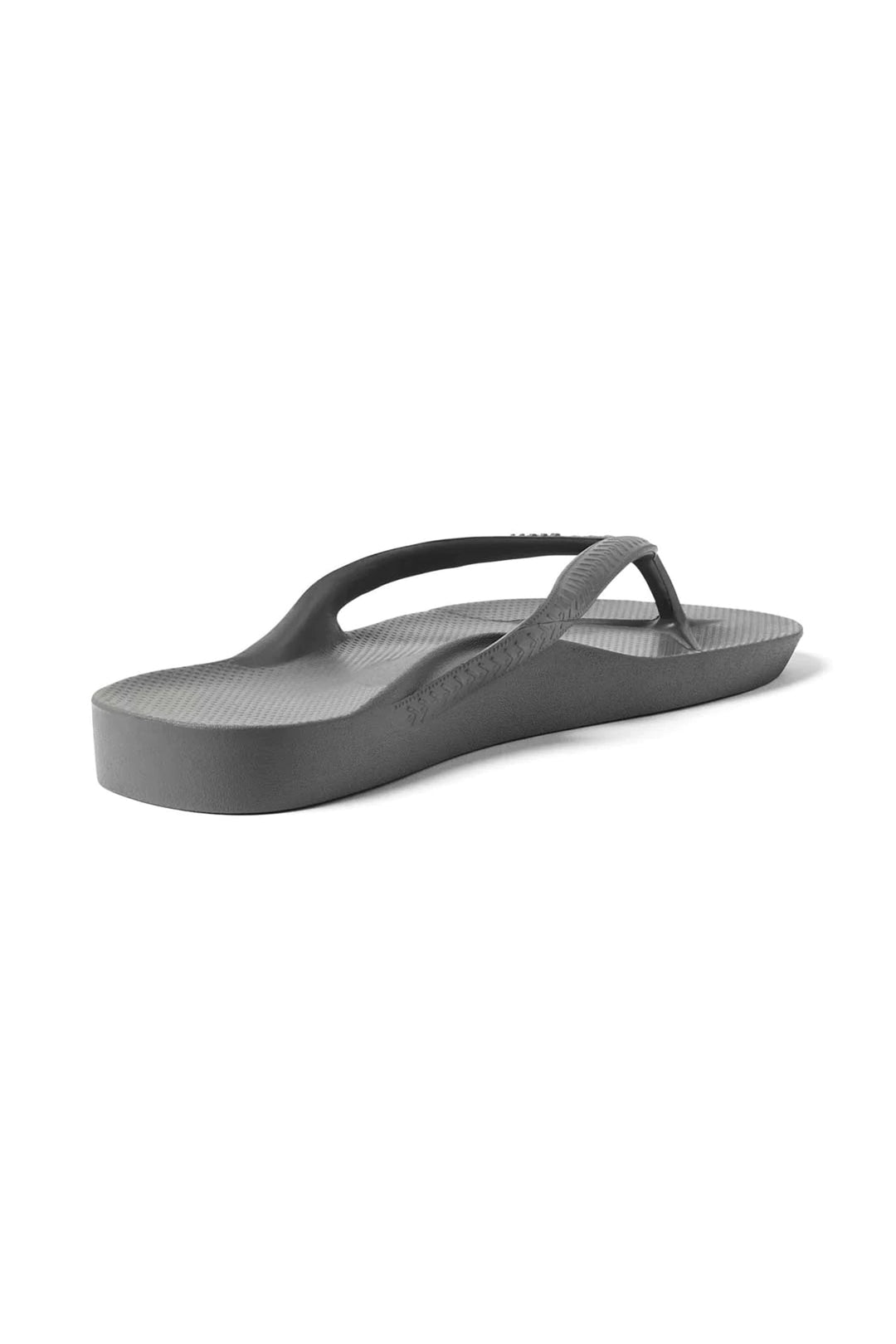 Archies Arch Support Flip Flops Grey, angled side view showing the arch