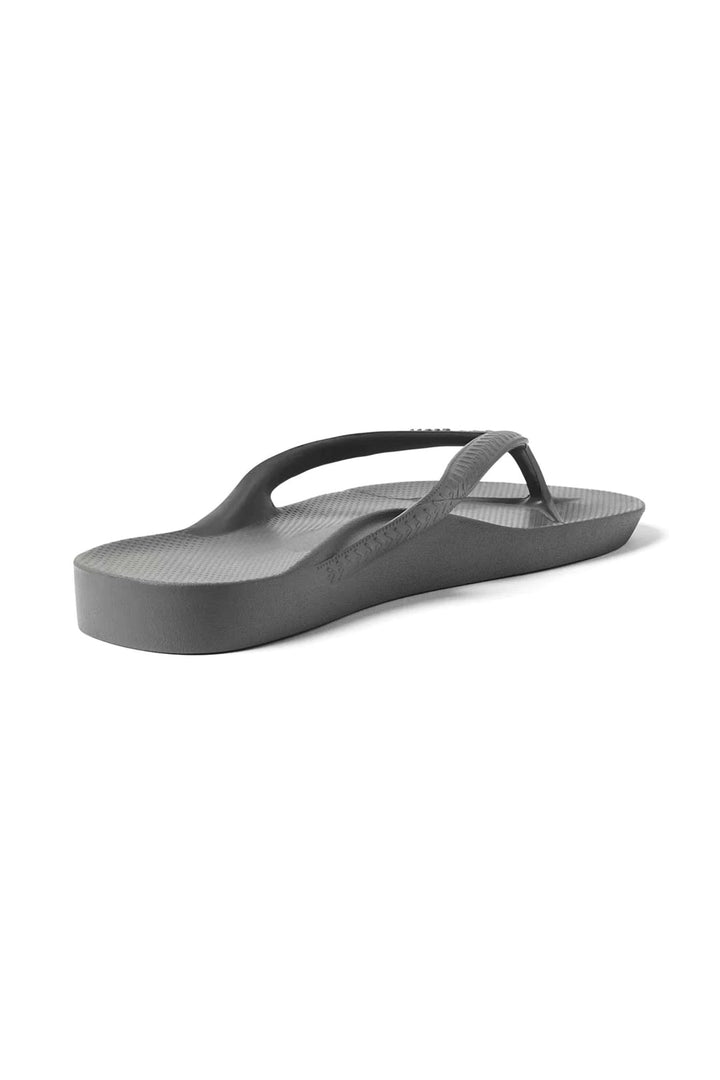 Archies Arch Support Flip Flops Grey, angled side view showing the arch