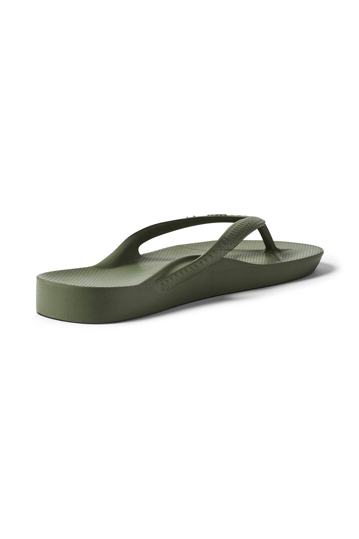 Archies Arch Support Flip Flops Khaki, angled side view showing the arch
