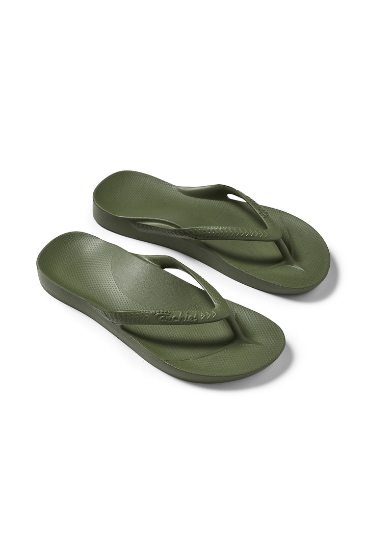 Archies Arch Support Flip Flops Khaki, pair at an angle