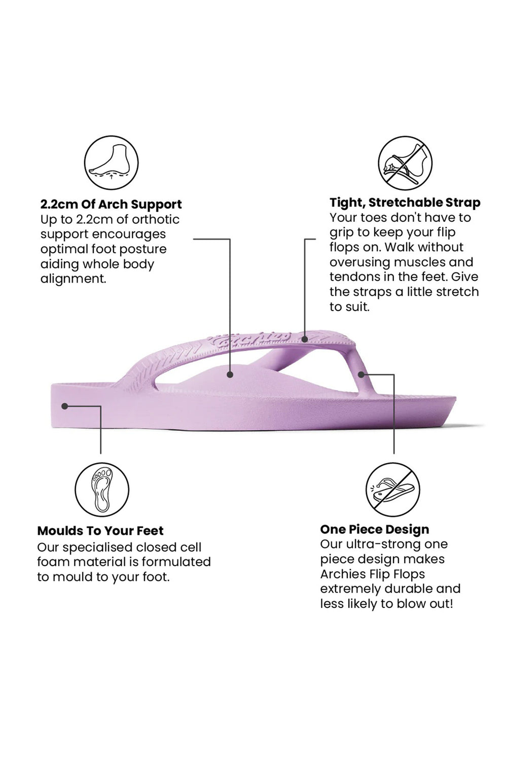Archies arch support flip flops in lilac at Shirley Allum