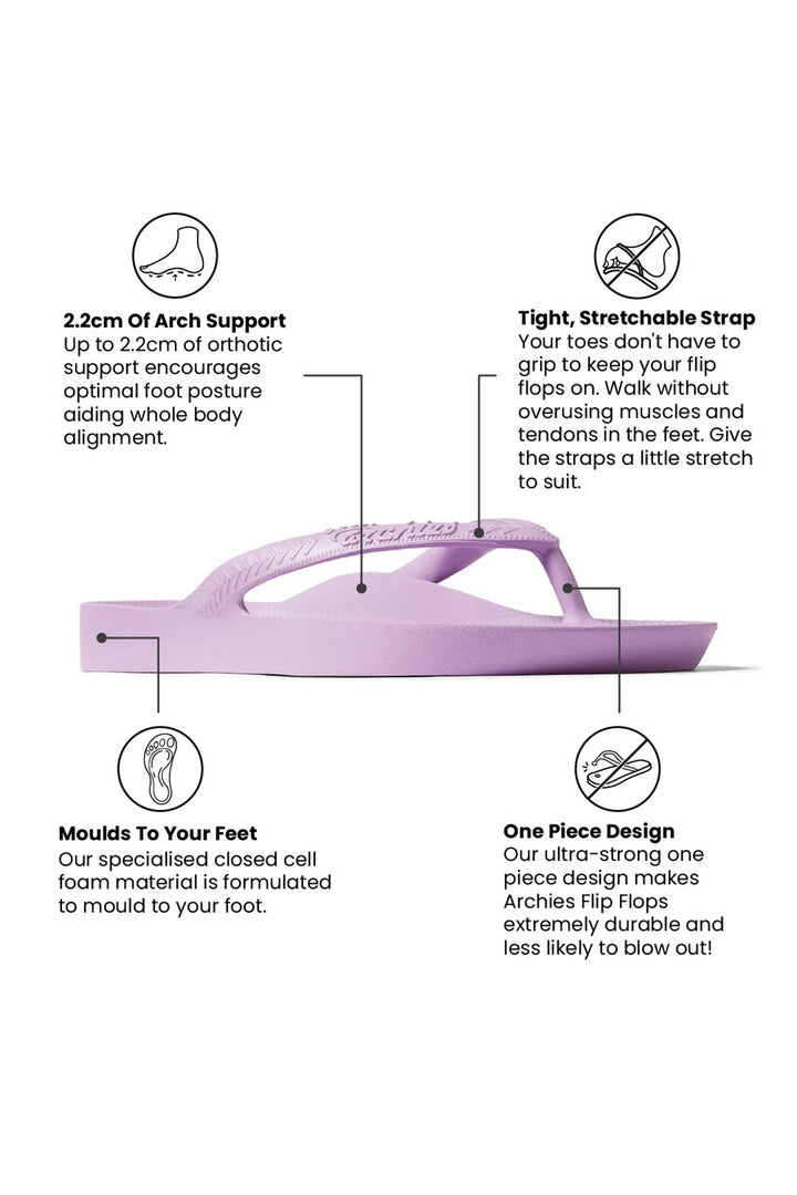 Archies arch support flip flops in lilac at Shirley Allum
