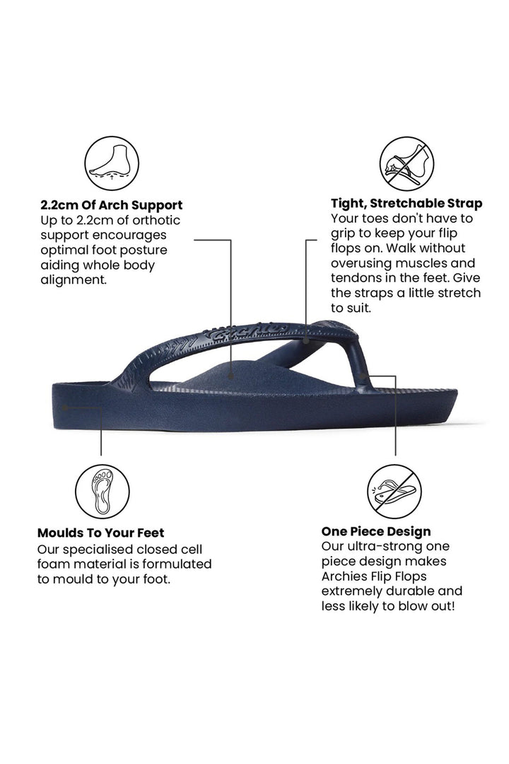 Archies arch support flip flops in navy at Shirley Allum