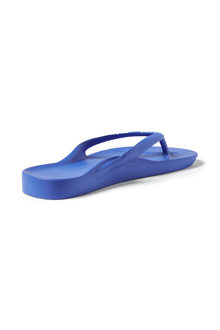 Archies Arch Support Flip Flops Royal Blue, angled side view showing the arch