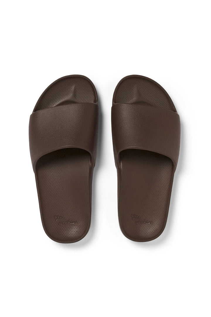 Archies Arch Support Slides Brown, top view of the pair